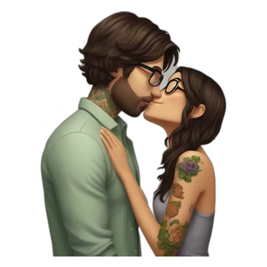 Brazilian long brown hair girl wearing glasses, kissing Irish dark short hair guy who has many tattoos sticker