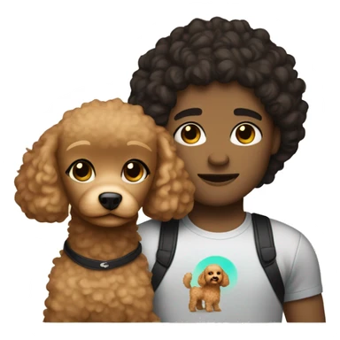 white woman with straight dark hair and a mixed race man with curly hair holding a toy poodle light brown color sticker