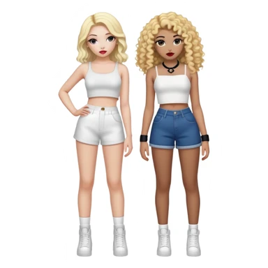 Full body of two teenage girls standing together, one white with straight blonde hair and one brown-skinned with curly dark hair, both with heavy makeup, big lips, crop tops and choni style clothing sticker