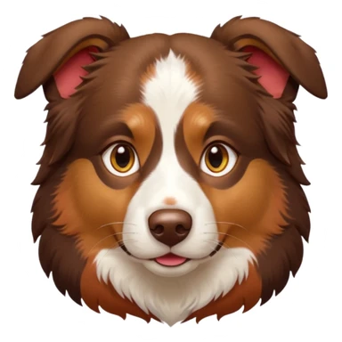 A tri color Australian shepherd with a chocolate brown base coat, red/gold fur on his eyebrows and snout/cheeks, a white chest, and gold eyes. No white on his face, only brown and gold. sticker