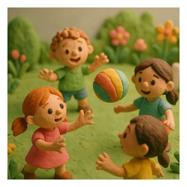 Children playing with a ball in a garden, claymation style, pastel colors, visible fingerprints, matte plasticine texture. sticker