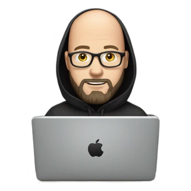 bald white man with glasses and a black beard typing on apple computer wearing a black hoodie sticker