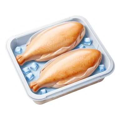 A pack of frozen chicken breasts inside a home freezer, sealed in clear plastic packaging with frost on the surface. The freezer shelves have other frozen items in the background, and cool white light reflects off the ice. Realistic photography, everyday kitchen scene. sticker