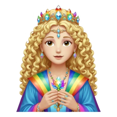 a being made of light pleidian nordic long faces and curly blond hair but beautiful features of light wearing jewels and a rainbow halo like a saint arount herwith a robe on made of light and diamonds semi transparent belly dancer and who is lanky holding a bouquet of crystal flowers on rainbow fire sticker