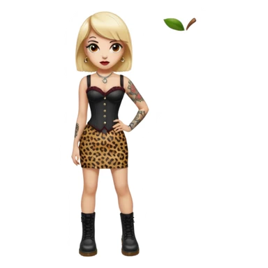 pin-up emoji, light skin, big eyes, maroon lips, brown hair with rockabilly bangs and blonde streak, leopard corset, black pencil skirt, Dr. Martens boots, old school tattoos, compact and rounded, Apple/iPhone emoji style, transparent background sticker