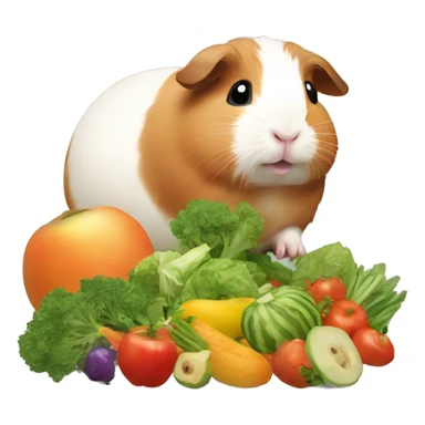 Guineapig playing and eating a huge pile of veggies and fruit sticker