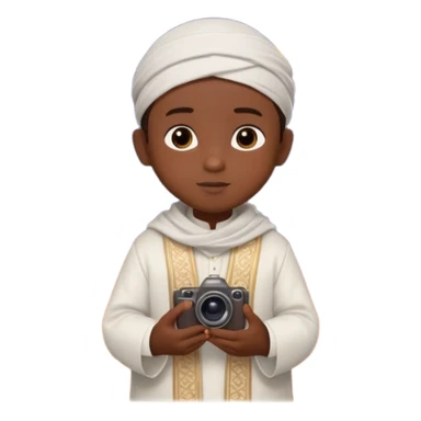 Personnage 3D mignon en style Pixar, un petit garçon portant un qamis blanc et un kufi, tenant un tapis de prière, entouré de lanternes brillantes, fond doux, couleurs chaudes, garçon teint noir TENANT UN APPAREIL PHOTO sticker