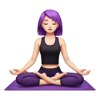 A young woman with purple hair doing yoga in the camel pose (Ustrasana), wearing a black sports outfit, minimalistic background with mandala pattern and colorful stars, soft lighting, peaceful atmosphere, digital illustration style. sticker
