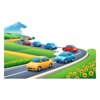 A busy highway with fast-moving cars, surrounded by green fields and distant mountains under a bright blue sky sticker