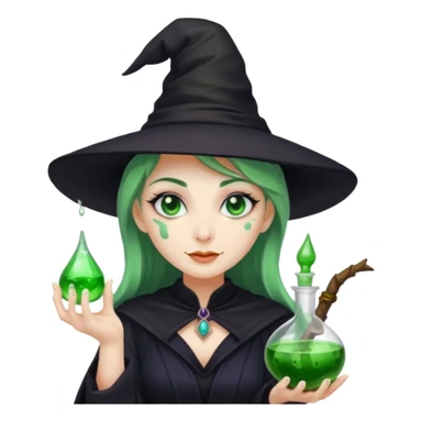 Witch with Green Skin – long-nosed witch in black hat holding potion sticker