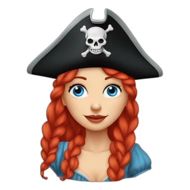Woman long red platted hair hanging down to left, pirate hat. One side of head has no hair. Blue eyes. skull and crossbones t shirt sticker