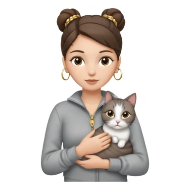 a white girl with brunette hair in a one single bun holding a grey cat. the girl has long lashes and has on a grey zip up that is half way zipped  and under a white shirt and gold jewelry that is gold bracelets. sticker