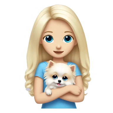Blond girl white skin blue eyes hugging white Pomeranian with light pink bow sticker
