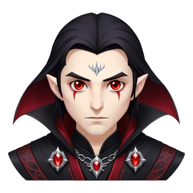 Cinematic Realistic WoW Vampire Mage Portrait, head tilted epicly and inquisitively, showcasing a commanding presence and ancient arcane mastery. His pallid skin and sleek dark hair are set against the intricately detailed black robe—with silver accents and mystical runes—that remains consistent in its shadowed elegance. His piercing crimson eyes blaze with forbidden power, rendered with dramatic, lifelike clarity and high shine, epic and awe-inspiring. sticker