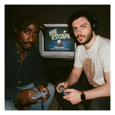 Create a 90s grunge analog photo featuring a famous rapper in Tupac style (not recognizable) and the boy from the reference photo sitting in front of a CRT TV with Ape Escape on Playstation 1. The room is dark, both hold controllers, and they look at the camera with flash on, creating a retro atmosphere. sticker