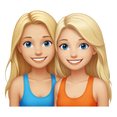 Two girls both have long blonde hair standing cheek to cheek on a beach with one girl wearing an orange shirt and the second girl wearing a tank top both have bright white teeth and smiling both have beautiful blue colored eyes sticker