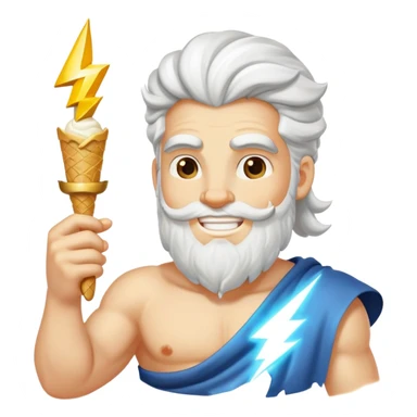 smiling Zeus with white ice cream and lightning bolt sticker