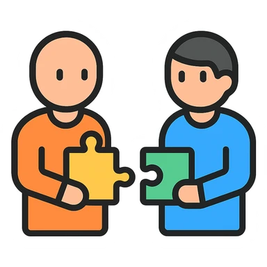 two people exchanging puzzle pieces symbolizing teamwork and information sharing sticker
