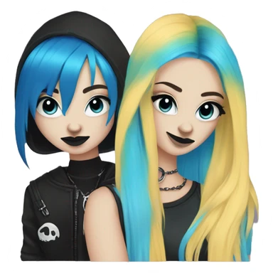 Two best friends goth style one with blue hair and a septum ring and the other with a blonde and black split dye sticker