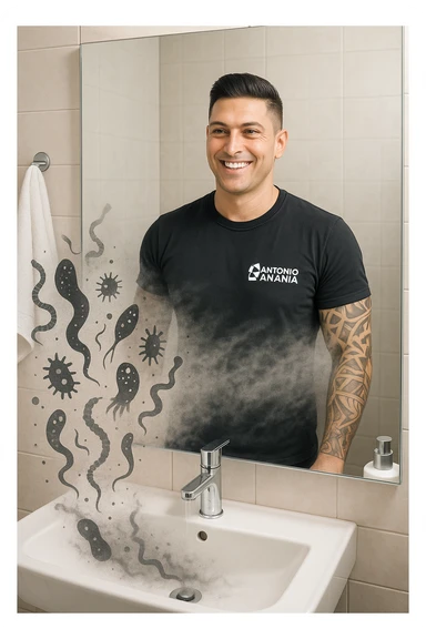 a man stands in a brightly lit bathroom, looking relieved and revitalized as he examines his reflection in the mirror. In the foreground, stylized, shadowy images of parasites (such as worms or protozoa) are shown leaving his body, dissolving into mist or fading away. His posture is upright and his expression is one of newfound energy and health. sticker