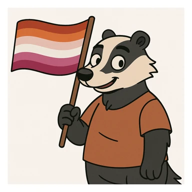 a cartoon badger holding a lesbian pride flag, vibrant colors, white background sticker