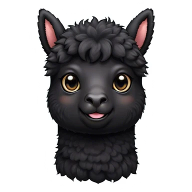 Cinematic Cute Black Alpaca Portrait Emoji, Head tilted playfully and inquisitively, featuring a plush, shiny jet-black fleece with a lustrous sheen, round, sparkling dark eyes filled with curiosity, Simplified yet irresistibly adorable features, highly detailed, glowing with a warm, friendly glow, high shine, affectionate and gentle, stylized with a touch of whimsy, bright and endearing, soft glowing outline, capturing the essence of a mischievous yet loving alpaca, so playful it feels like it could prance out of the screen and into your arms! sticker