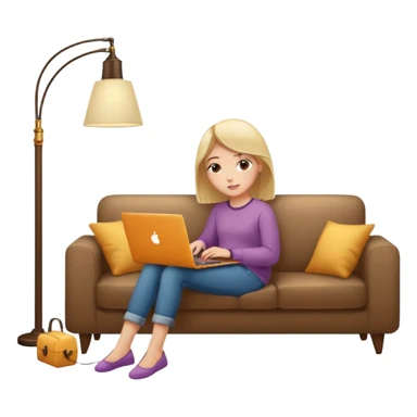 A girl is working with a laptop while lying on a sofa, with a floor lamp to the right. sticker