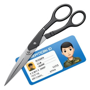 Floating black Scissors cutting an idf soldier ID card in 2 parts .hyper realistic sticker