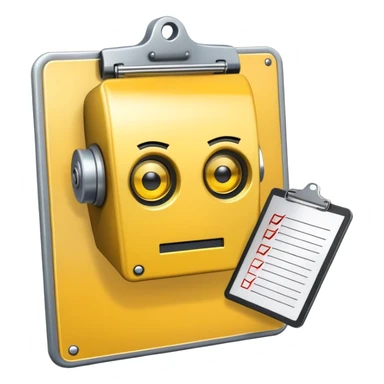 robot head with a yellow clipboard checklist with a warning symbol on it sticker