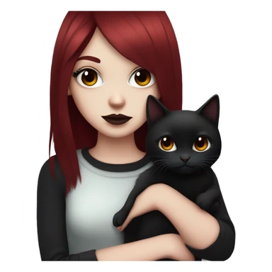 Pale girl with black eyeshadow and long  burgundy red colored hair with an emo haircut and layered holding a black cat sticker