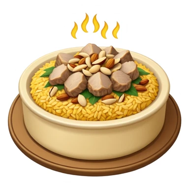 "Emoji of a Jordanian Mansaf dish — round platter with golden rice, lamb pieces, nuts on top, simple cute cartoon style, clean lines, white or transparent background." sticker