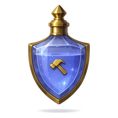 modern luxurious crystal elixir bottle, shield shape, #7986cb, gold details, magical shine, 🛠 symbol, seamless bottom, floating, transparent background, no shadow, collection style sticker