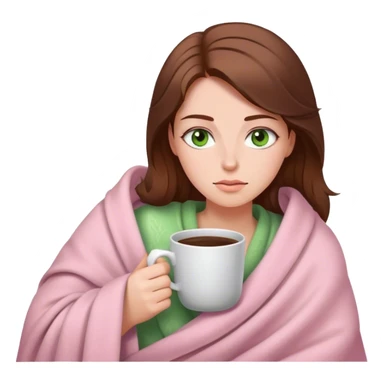 woman with very long brown hair and green eyes in a light pink blanket sleepy with coffee sticker