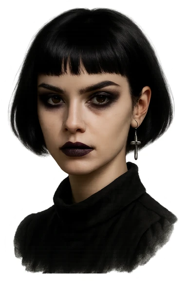 goth face, short black bob, dark purple lipstick, cross earring, intense gaze sticker