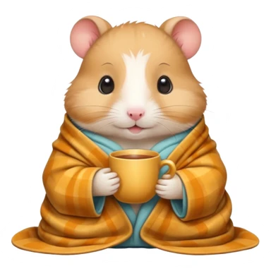 Cute cartoon-style hamster wrapped in a cozy blanket, holding a cup of tea, relaxed expression. Painterly shading, white background, sticker-style illustration sticker