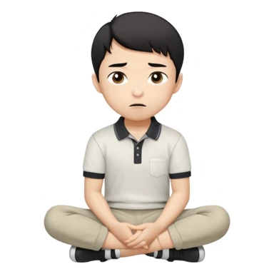 A cartoon young Asian boy with short black hair, light beige skin, and large expressive eyes, wearing a white polo shirt, gray pants, and black shoes. He sits cross-legged on the ground, one fist resting on his cheek, with a closed-mouth smirk. Clean lines, flat colors, solid black background. sticker