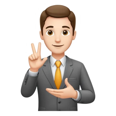 friendly salesman with a name tag, open hand gesture, business attire sticker