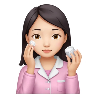 angelic asian girl doing skin care in pink pajamas, applying cream to her face sticker