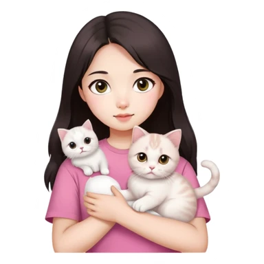 This Chinese girl's got fair skin and big black eyes. She's got long dark brown hair and she's wearing a pink t-shirt. She's holding a white Scottish Fold cat. sticker