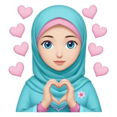 Turkish beautiful finish Konya girl blue eyes with light turquoise sakura and pink hijab islamic dress and making heart with hands and with thank you text sticker
