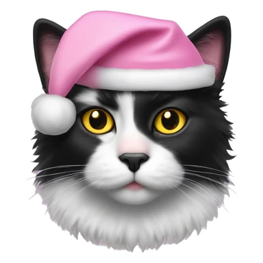 fluffy black tuxedo cat with yellow eyes, pink nose, and pink santa hat sticker
