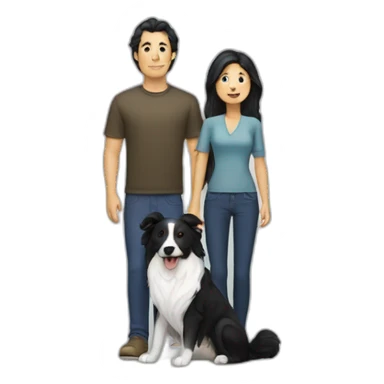 Family formed by a White man and a White woman with long black hair and a small black border collie dog sticker