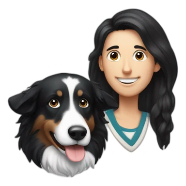 aa family photo a a family photo of a 30-year-old boy with very long black hair next to a black and white border collie sticker