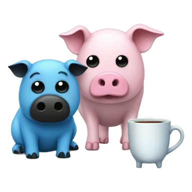 A blue Kala with a white stomach and black eyes and nose having tea with a green pig with black eyes and a pink nose sticker
