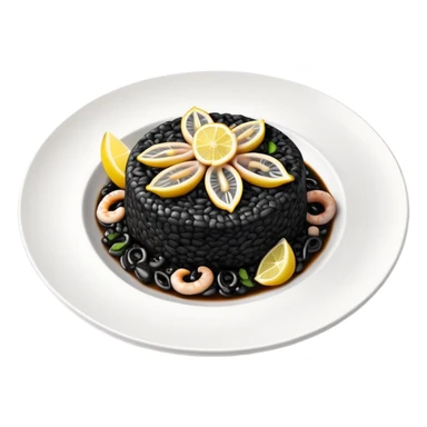 cinematic-realistic-black-risotto-dish,-showcasing-small squid pieces-rendered-with-bold-textures-and-dynamic,-dramatic-lighting in a white plate with a grilled lemon on top sticker