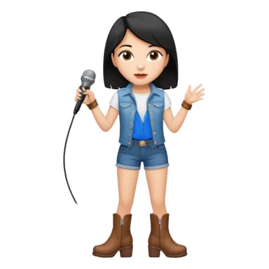 Crie uma cantora morena charmosa de shortes top e bota com microfone branca e cabelo preto sticker