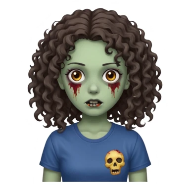 zombie girl with curly hair n brown eyes, dark and long hair 3a with wavy scalp, just a tshirt sticker