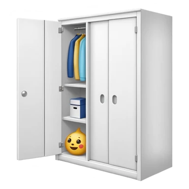 Simple L-shaped corner closet made of smooth white PVC, emoji-style. Two plain doors, one on each side, opening outward like a book from the corner.  sticker