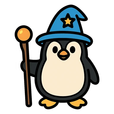 color outline icon of a penguin wizard with a staff sticker