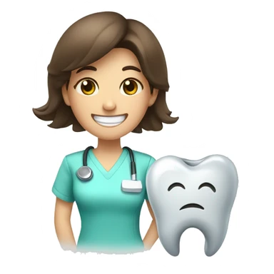 a brunette dentist leaning against a tooth with eyes and smiling sticker